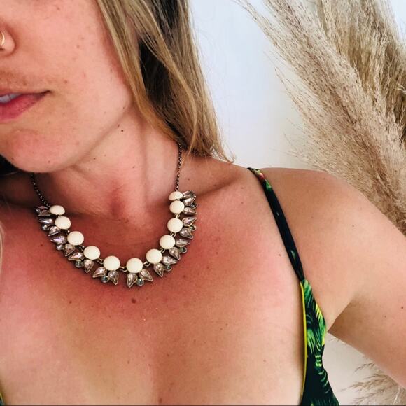 J CREW Silver Jewel White Enamel Circle Bead Pendant Statement Necklace 18” - Picture 2 of 9